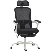 HOMCOM Chaise de Bureau Inclinable 135° avec Repose-Pieds, Support Lombaire, Appuie-tête, Hauteur Réglable, en Maille, Noir(m-1)