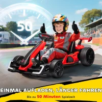 HOMCOM Go-Kart voor Kinderen, Elektrisch Kart met Toeter en Muziekfunctie, Verstelbare Stoel, tot 12 km/u, Kunststof, Metaal, Rood(m-7)