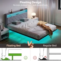 HOMCOM Floating Bed Frame, Upholstered 5ft King Size Bed, Platform Bed with RGB LED Lights and Charging Station, Grey(m-5)