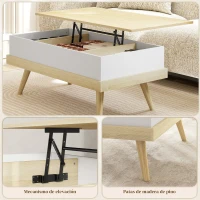HOMCOM Mesa de Centro Elevable con 3 Compartimientos de Almacenaje Ocultos y Patas de Madera 100x79x54 cm Natural y Blanco(m-7)