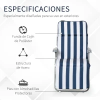 Outsunny 2 Tumbonas de Jardín de Acero con Cojín Acolchado Respaldo Ajustable y Reposapiés 60x75x66-102 cm Azul y Blanco(m-7)