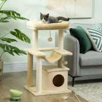 PawHut Cat Tree, 90cm Cat Tower with Sisal Scratching Posts, Cat Condo, Hammock, Top Perch and 2 Hanging Toys for Cats, Beige(m-2)