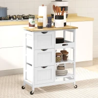 HOMCOM Chariot desserte de cuisine à roulettes plan de travail en bois 3 tiroirs + 1 plateau amovible 67 x 37 x 85,5 cm blanc(m-9)