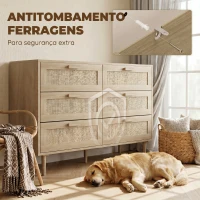 HOMCOM Cómoda para Quarto com 6 Gavetas e Frontal de Vime Pés de Madeira Estilo Bohemio 110x40x75 cm Madeira(m-6)