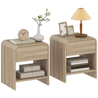 HOMCOM Bedside Tables Set of 2, Nightstands with Rounded Corners, Modern Side Table with Silent Drawer for Bedroom, Natural(m-11)