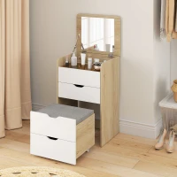 HOMCOM Schminkkommode 3-in-1 mit klappbarem Spiegel, Hocker und Schubladen, Rovere und Weiß(m-6)