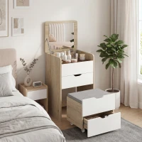 HOMCOM Schminkkommode 3-in-1 mit klappbarem Spiegel, Hocker und Schubladen, Rovere und Weiß(m-4)
