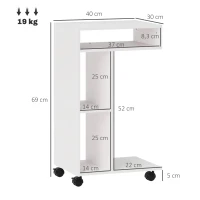 HOMCOM Table d'appoint en forme de C avec roulettes, avec 3 compartiments et 1 étagère ouverte, 40 x 30 x 69 cm, blanc(m-3)
