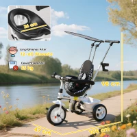 HOMCOM 6-in-1 Kinder Driewieler met Duwstang, Dak, Gordel, Opbergmand, voor 1-5 Jaar, Wit(m-3)