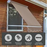 Outsunny Toldo banne Manual Inclinação ajustável Alumínio Poliéster impermeabilizado 70L x 180l cm Taupe Claro(m-4)