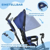 HOMCOM Kinderdriewieler met Achterkorf, Bekerhouder, Zonnedak, van Metaal, Donkerblauw(m-5)