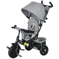 HOMCOM Kinderdriewieler, Fiets, Achtermand, Bekerhouder, Zonnedak, Metaal, Grijs(m-10)
