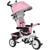 HOMCOM 6-in-1 Kinderrdriewieler met Duwstang, Zonnedak, Gordel, Mandje, voor 1-5 Jaar, Roze(m-11)