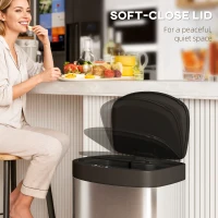 HOMCOM 55L Sensor Bin with Soft-Close Lid, Automatic Touchless Motion Sensor Kitchen Bin with Fingerprint Resistant Stainless Steel for Hygienic Gyms, Home Office Use, Silver Tone(m-7)