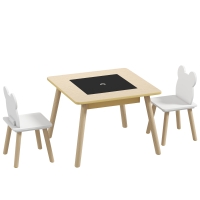 AIYAPLAY Kindertafel met 2 Stoelen, Kinderspeelset met Opbergruimte en Berenvormige Rugleuning voor Kinderen van 3-6 Jaar, Natuurhout