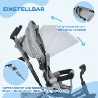 HOMCOM Kinderdriewieler, Fiets, Achtermand, Bekerhouder, Zonnedak, Metaal, Grijs(m-5)
