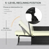 Outsunny 5PC PE Rattan Sun Lounger, Outdoor Wicker 5-level Adjustable Recliner Sofa Bed with Storage Side Table and Footstools, for Patio, Garden, Poolside, Black(m-6)