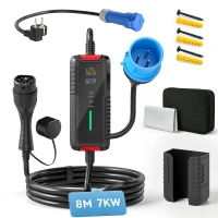 HOMCOM Încărcător Mașină Electrică Type 2, 7kW, 6-32A, 8m, Priză CEE, Adaptor European, Ecran LCD, IP65, 21x8,5x5cm, Negru(m-8)