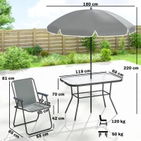 Outsunny Salon de jardin extérieur 8 pièces, table de jardin extérieure 6 chaises Pliantes parasol plateau en Verre Trempé, Gris(m-3)