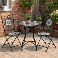Outsunny 3 Pcs Mosaic Tile Garden Bistro Set Outdoor Seating w/ Table 2 Folding Chairs Set Metal Frame Elegant Scrolling Indoor Patio Balcony, Grey(m-2)
