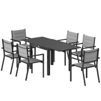 Outsunny Salon de Jardin 7 Pièces Table Extensible Aluminium 6 Chaises Empilables Textilène Rembourré 90/180 x 80 x 75 cm Gris(m-13)