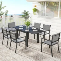 Outsunny Salon de Jardin 7 Pièces Table Extensible Aluminium 6 Chaises Empilables Textilène Rembourré 90/180 x 80 x 75 cm Gris(m-11)