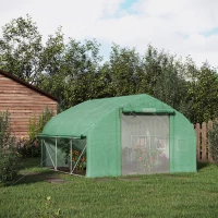 Outsunny Serre de jardin tunnel 10,4 m² serre de jardin anti-UV porte zippée enroulable fenêtres maille 350 x 300 x 200 cm vert(m-10)