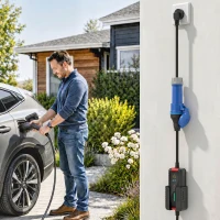 HOMCOM Încărcător Mașină Electrică Type 2, 7kW, 6-32A, 8m, Priză CEE, Adaptor European, Ecran LCD, IP65, 21x8,5x5cm, Negru(m-6)