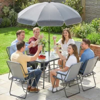 Outsunny Salon de jardin extérieur 8 pièces, table de jardin extérieure 6 chaises Pliantes parasol plateau en Verre Trempé, Gris(m-9)