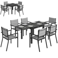Outsunny Salon de Jardin 7 Pièces Table Extensible Aluminium 6 Chaises Empilables Textilène Rembourré 90/180 x 80 x 75 cm Gris(m-12)