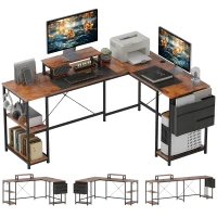 HOMCOM Bureau d'angle réversible, 168-240 cm, bureau d'ordinateur avec étagère réglable, support d'écran, brun rustique(m-11)