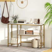 HOMCOM Console meuble 120 cm, table console 3 niveaux avec étagères de rangement, plateaux imitation marbre, blanc et doré(m-10)