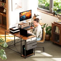 HOMCOM Bureau d'angle réversible, 168-240 cm, bureau d'ordinateur avec étagère réglable, support d'écran, brun rustique(m-8)