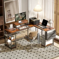 HOMCOM Bureau d'angle réversible, 168-240 cm, bureau d'ordinateur avec étagère réglable, support d'écran, brun rustique(m-2)