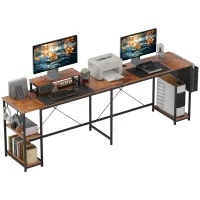 HOMCOM Bureau d'angle réversible, 168-240 cm, bureau d'ordinateur avec étagère réglable, support d'écran, brun rustique(m-12)