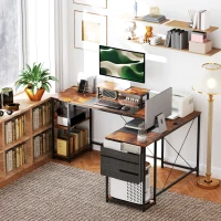 HOMCOM Bureau d'angle réversible, 168-240 cm, bureau d'ordinateur avec étagère réglable, support d'écran, brun rustique(m-9)