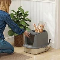 PawHut Large Stainless Steel Litter Box, Enclosed Metal Cat Litter Tray with Scoop, Deodoriser Bag, Front-Entry and Top-Exit(m-8)