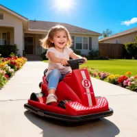 AIYAPLAY Autoscooter für Kinder, um 360 Grad drehbar, Lenkrad, LED-Lichter, Musikfunktion, 3-8 Jahre, Rot(m-10)
