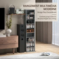 HOMCOM Rafturi pentru CD și DVD 9 compartimente și 6 rafturi reglabile capacitate max. 260 CD/120 DVD 33 x 24 x 140 cm gri(m-5)