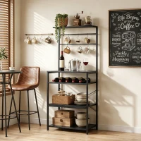 HOMCOM Freestanding Shelving Unit, Industrial Storage Shelf with 6 Hooks and Wine Rack for Living Room, Home Office, Black(m-13)