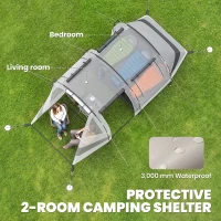 Outsunny Camping Tent, 3 Man Blackout Tent with Bedroom and Living Room, Portable with Bag, for Fishing Hiking Festival, Khaki(m-4)