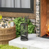 Outsunny 5-delig Openhaardgereedschap, Bezem, Schep, Tang, Pook en Mand, Brandbestendig Metaal, Zwart(m-8)
