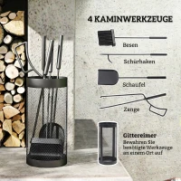 Outsunny 5-delig Openhaardgereedschap, Bezem, Schep, Tang, Pook en Mand, Brandbestendig Metaal, Zwart(m-4)