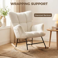 HOMCOM Rocking Chair, Teddy Fleece Rocker Chair with Tufted Wingback, Side Pockets, Rubber Wood Legs, Cream White(m-5)