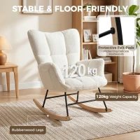 HOMCOM Rocking Chair, Teddy Fleece Rocker Chair with Tufted Wingback, Side Pockets, Rubber Wood Legs, Cream White(m-8)