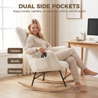 HOMCOM Rocking Chair, Teddy Fleece Rocker Chair with Tufted Wingback, Side Pockets, Rubber Wood Legs, Cream White(m-7)
