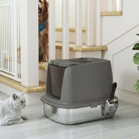 PawHut Large Stainless Steel Litter Box, Enclosed Metal Cat Litter Tray with Scoop, Deodoriser Bag, Front-Entry and Top-Exit(m-9)