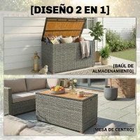 Outsunny Caja de Jardín 450 L Polyrattan Impermeable Caja para Cojines con Tapa de Madera FSC y Pistones de Gas Forro Interior(m-4)