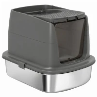 PawHut Large Stainless Steel Litter Box, Enclosed Metal Cat Litter Tray with Scoop, Deodoriser Bag, Front-Entry and Top-Exit(m-15)