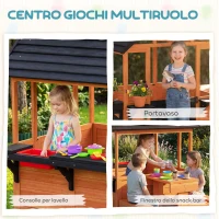AIYAPLAY Casetta da Giardino per Bambini in Legno con Tavolino e Panche, 166.3x112.5x139.7 cm, Marrone Chiaro e Nero(m-3)